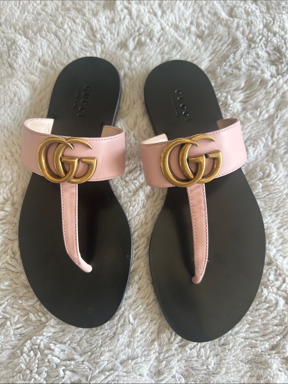 Gucci Pink Leather GG Logo T-Strap Sandals with Black Sole